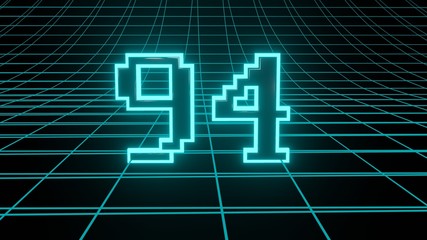Number 94 in neon glow cyan on grid background, isolated number 3d render