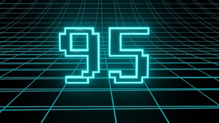 Number 95 in neon glow cyan on grid background, isolated number 3d render