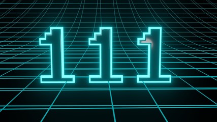 Number 111 in neon glow cyan on grid background, isolated number 3d render