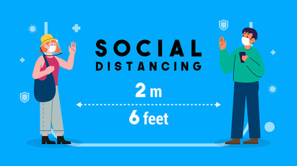 Social distancing concept vector illustration. men and female keep stand 2 meters apart in public to protect from COVID-19 