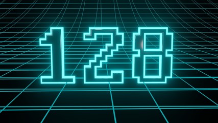 Number 128 in neon glow cyan on grid background, isolated number 3d render