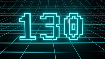 Number 130 in neon glow cyan on grid background, isolated number 3d render