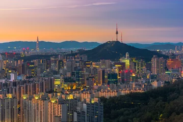 Foto auf Acrylglas Seoul city and seoul tower at morning. seoul korea. © wutthinan