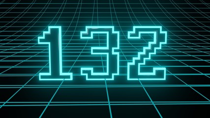 Number 132 in neon glow cyan on grid background, isolated number 3d render