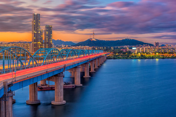 South Korea city skyline at Dongjak Bridge Han river in Seoul , South Korea.