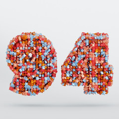 Number 94 3D Text Illustration, Digits With Pink And Sky Colors Stars, 3D Render In 4K Resolution, Isolated On White Background, With Shadow ..