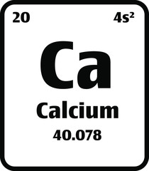 Calcium (Ca) button on black and white background on the periodic table of elements with atomic number or a chemistry science concept or experiment.	
