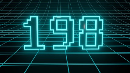 Number 198 in neon glow cyan on grid background, isolated number 3d render