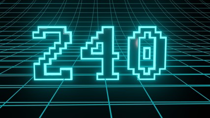 Number 240 in neon glow cyan on grid background, isolated number 3d render