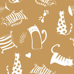 Seamless pattern with outline doodle cats