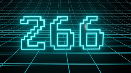 Number 266 in neon glow cyan on grid background, isolated number 3d render