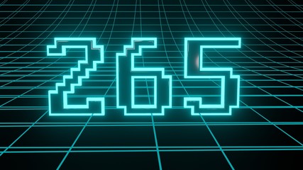 Number 265 in neon glow cyan on grid background, isolated number 3d render