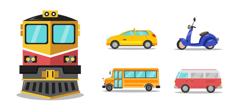 transportation flat icon set with bus, minivan, motorcycle icons