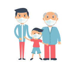 Family member wearing medical mask to protect themselves from corona virus concept vector illustration.