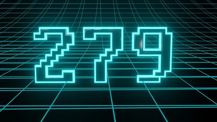 Number 279 in neon glow cyan on grid background, isolated number 3d render