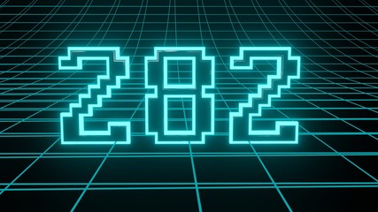 Number 282 in neon glow cyan on grid background, isolated number 3d render
