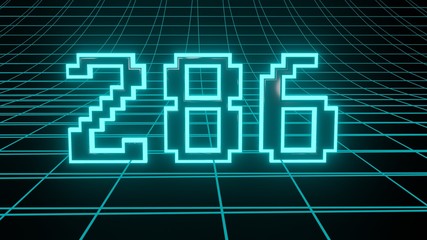 Number 286 in neon glow cyan on grid background, isolated number 3d render