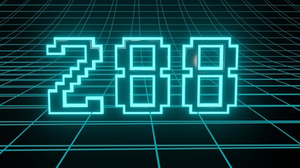 Number 288 in neon glow cyan on grid background, isolated number 3d render
