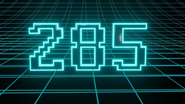 Number 285 in neon glow cyan on grid background, isolated number 3d render