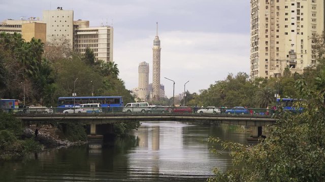 Branch of River Nile between Roda or Rawdah island and El Sayeda Zeinab district. The Cairo tower is in the background.
