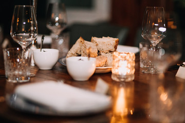 decoration on restaurant table with bread and blurry background