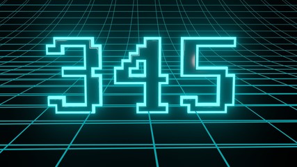 Number 345 in neon glow cyan on grid background, isolated number 3d render