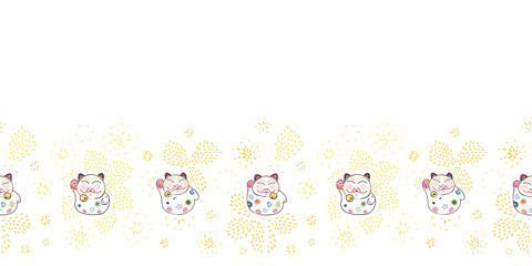 Golden seamless abstract doodle fireworks border in floral shape with cute lucky cat on white background. Modern design. Firework, new year, celebration.