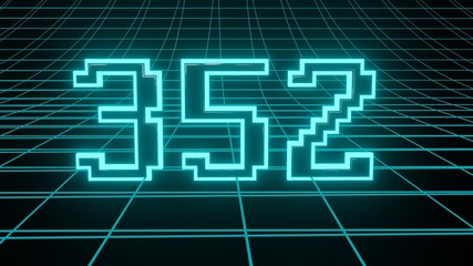 Number 352 in neon glow cyan on grid background, isolated number 3d render