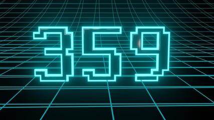Number 359 in neon glow cyan on grid background, isolated number 3d render