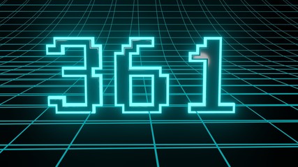 Number 361 in neon glow cyan on grid background, isolated number 3d render