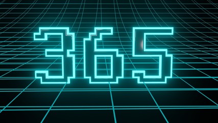 Number 365 in neon glow cyan on grid background, isolated number 3d render