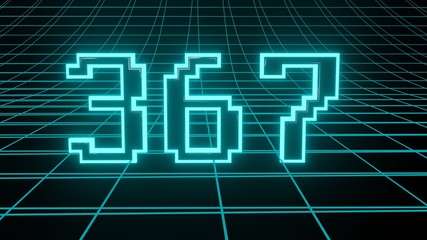 Number 367 in neon glow cyan on grid background, isolated number 3d render