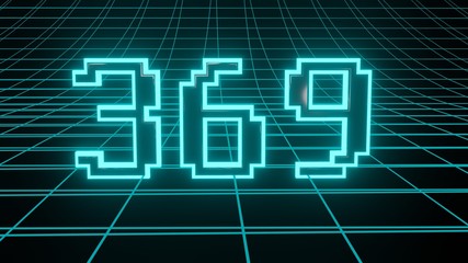 Number 369 in neon glow cyan on grid background, isolated number 3d render