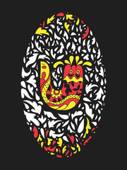 Abstract graphic bird on the background of an ornamental pattern. Folk motives.