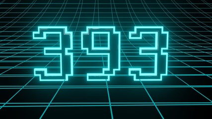 Number 393 in neon glow cyan on grid background, isolated number 3d render