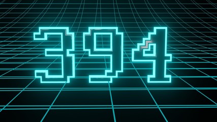 Number 394 in neon glow cyan on grid background, isolated number 3d render