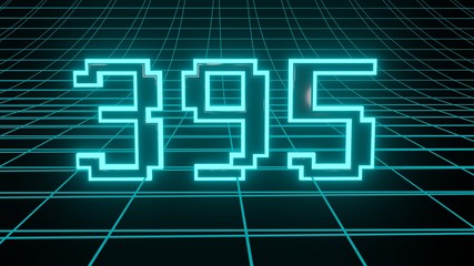 Number 395 in neon glow cyan on grid background, isolated number 3d render