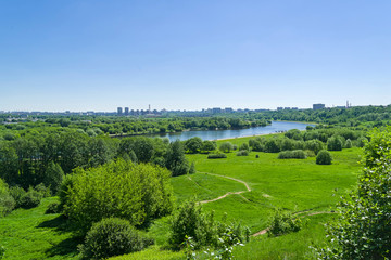 Panorama of the forested area in the valley of the Moskva River.