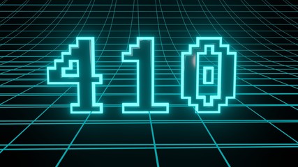 Number 410 in neon glow cyan on grid background, isolated number 3d render