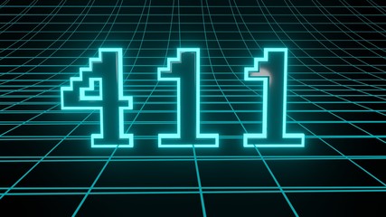 Number 411 in neon glow cyan on grid background, isolated number 3d render