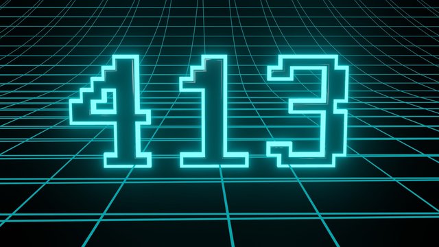 Number 413 in neon glow cyan on grid background, isolated number 3d render