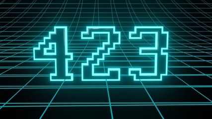 Number 423 in neon glow cyan on grid background, isolated number 3d render