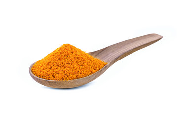 Turmeric powder in a wooden spoon isolated on a white background.