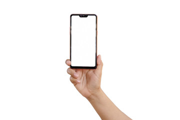 The hand is holding the white screen, the mobile phone is isolated on a white background with the...