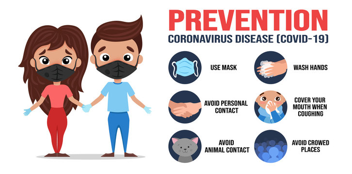 Girl and Boy, family wearing medical blue mask for preventing coronavirus symptoms. Infographic about the prevention with icon of hand washing, shaking hands. Vector flat cartoon illustration