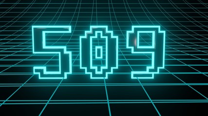 Number 509 in neon glow cyan on grid background, isolated number 3d render