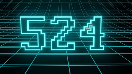 Number 524 in neon glow cyan on grid background, isolated number 3d render