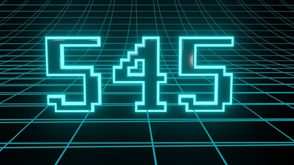 Number 545 in neon glow cyan on grid background, isolated number 3d render