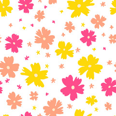Floral seamless pattern. Yellow and orange flowers. Isolated on white background. Flowers blooms. Design for textile, fabric, wallpaper, greeting card. Beautiful vector illustration.