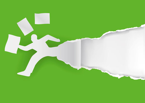 Businessman running in a hurry with papers. Paper man silhouette with flying documents ripping green paper with place for your text or image.  Template for a original advertisement. Vector available.